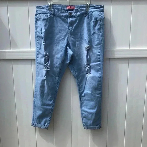 Wax Jean Lt Blue Distressed Rolled Cuffs Jeans 20 - Picture 1 of 8